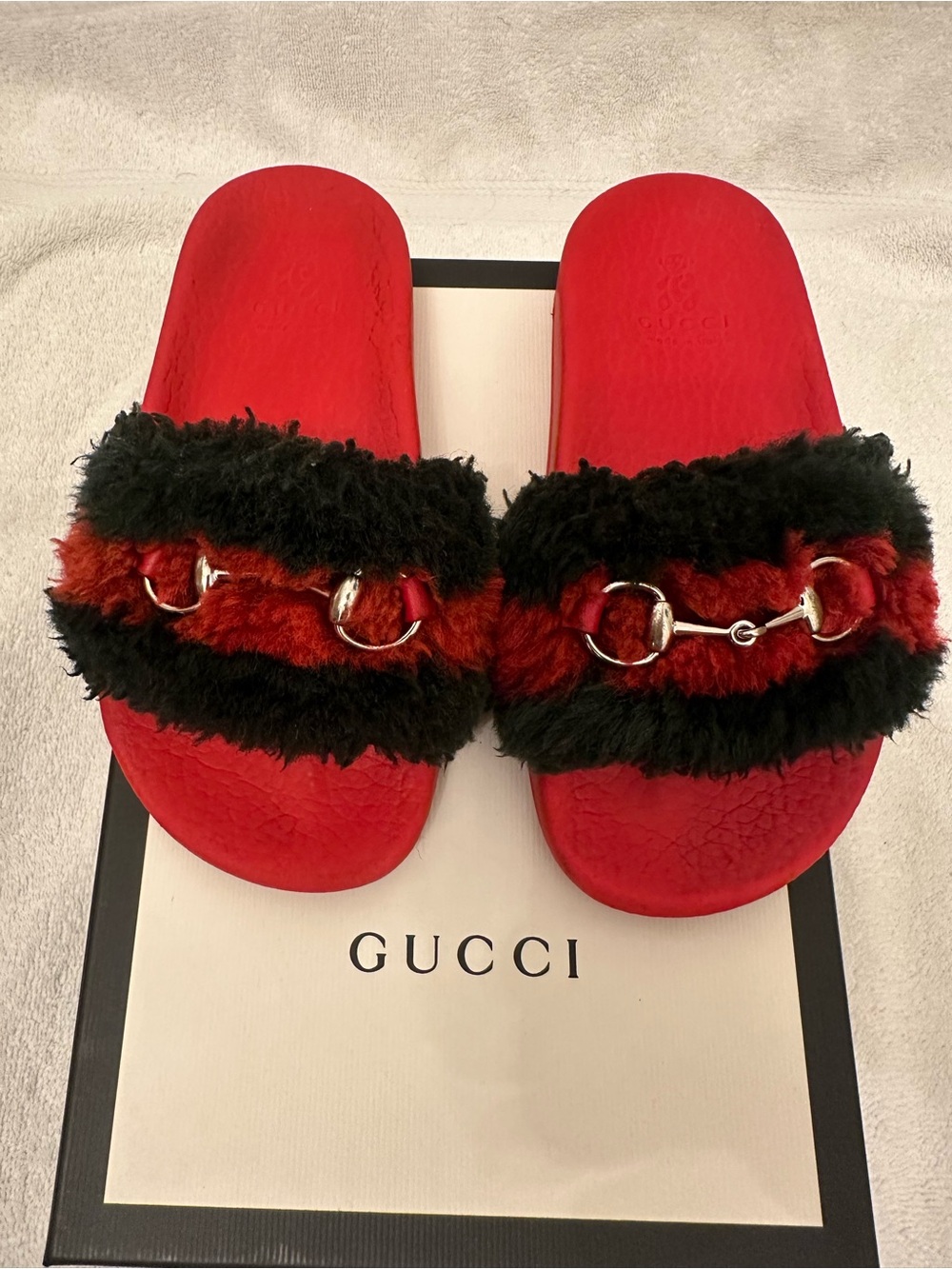 Gucci Red and Black Fur Horsebit Slide Sandals